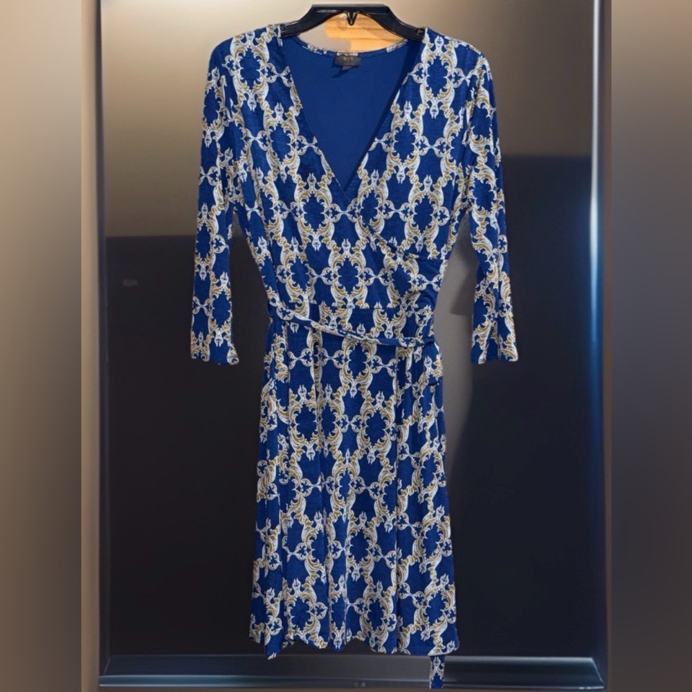 Mix by 41 Haw. Women’s Blue & Gold Patterned Long Sleeve Faux Wrap Dress-EC